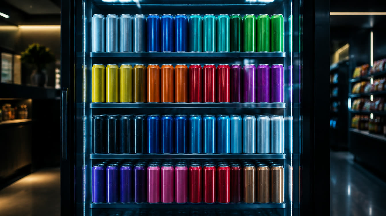 A lit cooler stocked with rows of unbranded energy drink cans.
