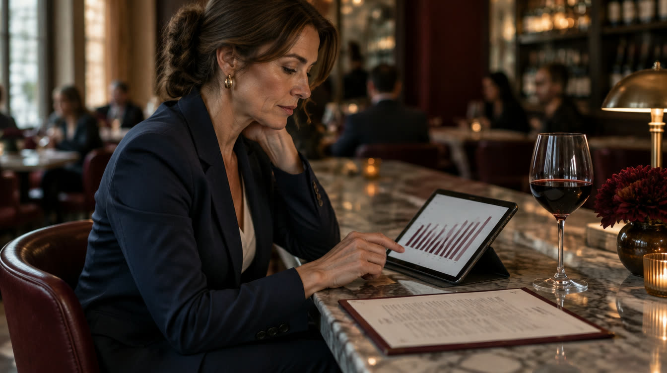 A sales executive reviewing share data on a tablet at a restaurant bar.