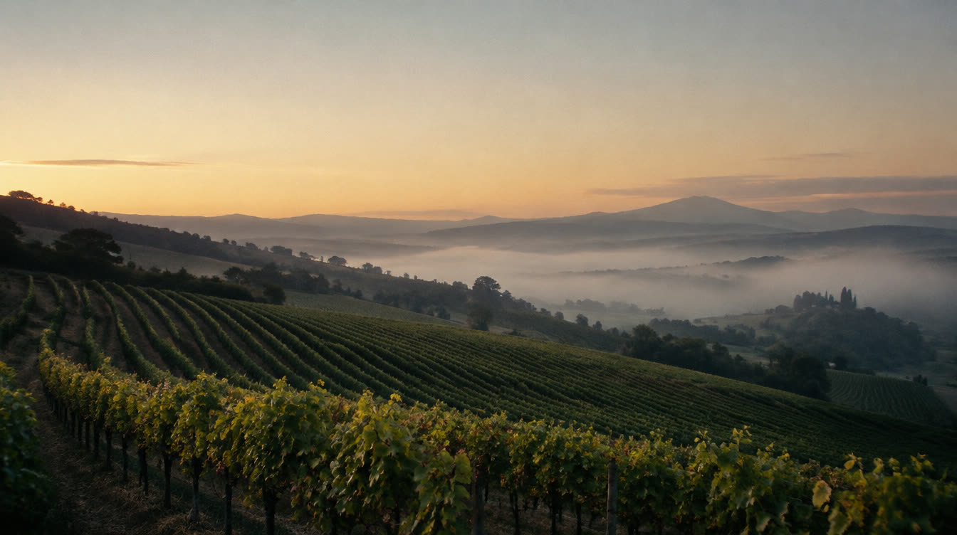 Vineyard rows on a hillside at sunrise, fog in the valleys below.